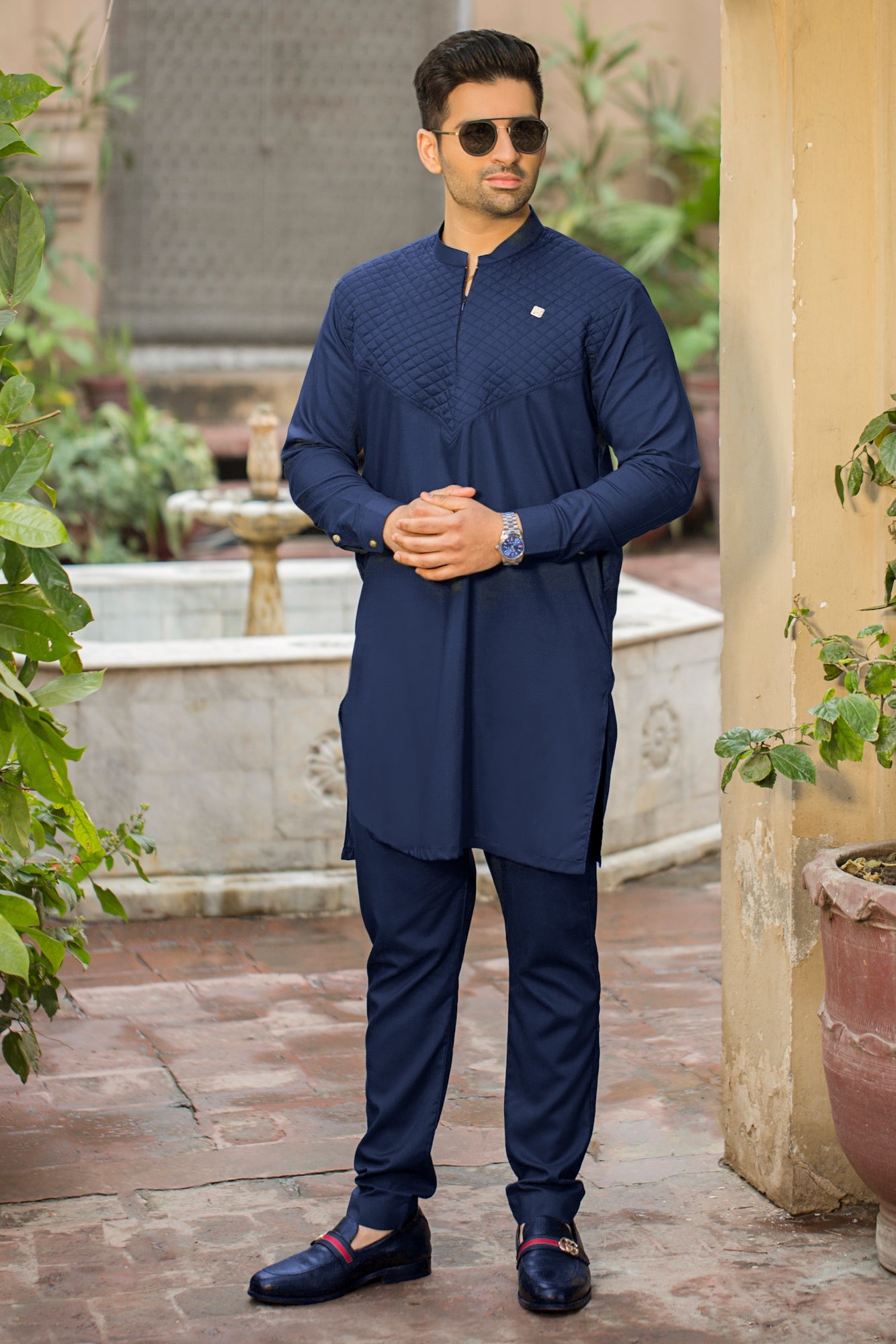 All Season Stitched Kurta Trouser with Ban -Navy