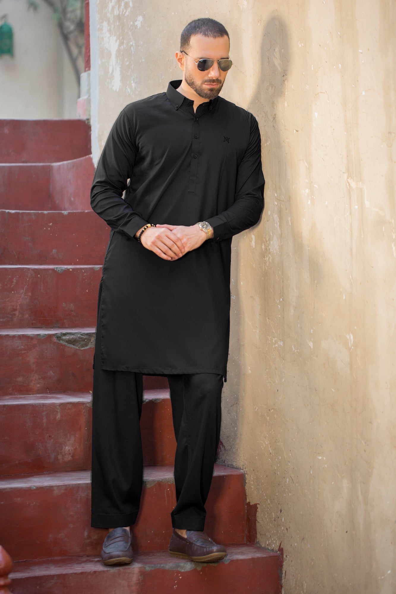 Button Collar with matching embroidery Stitched Shalwar with Kameez - Black