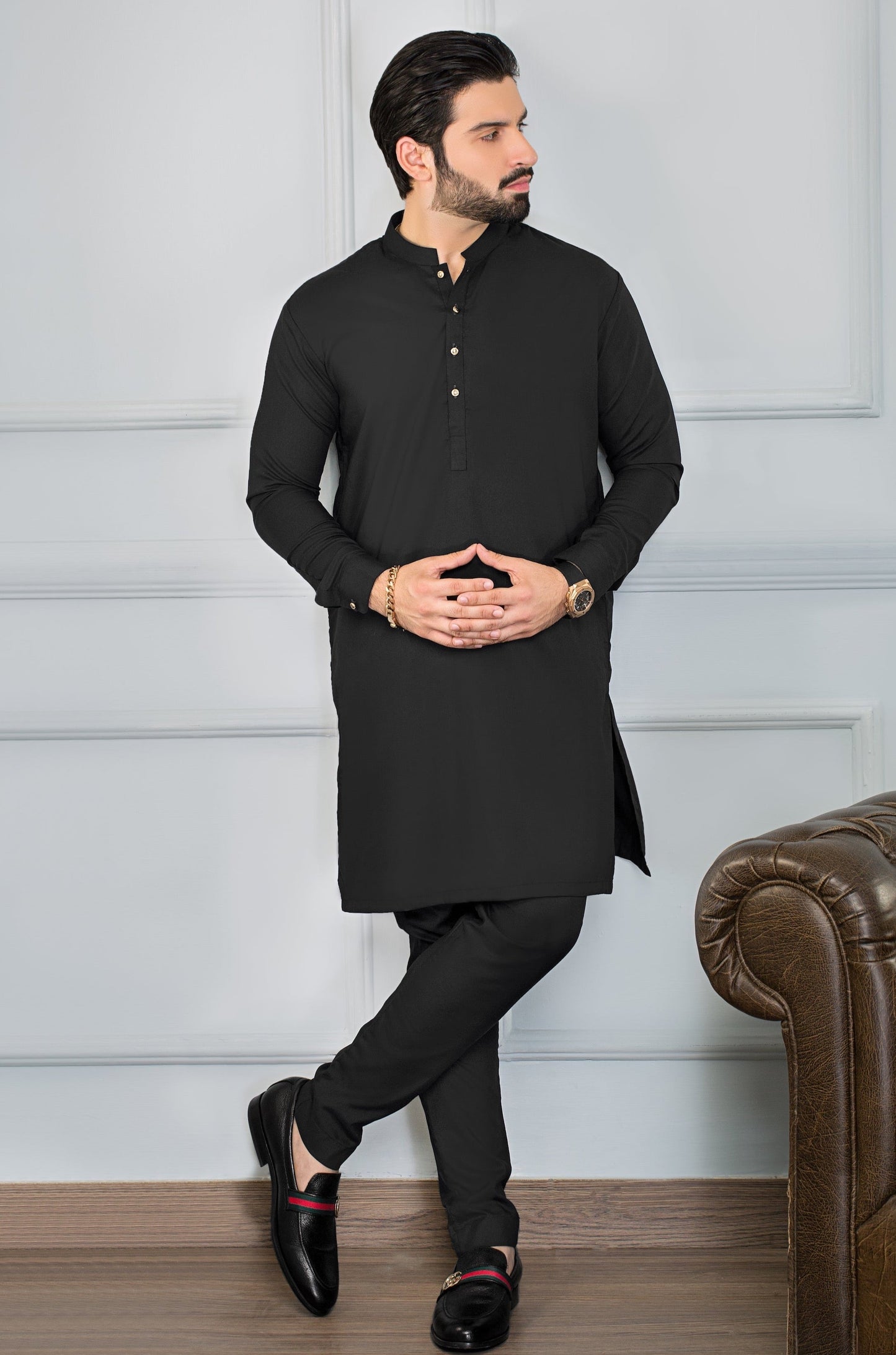 Festive Collection Stitched All Season Blended Ban Suit - Black Gold Button