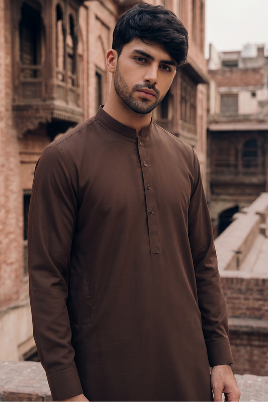Stitched All Season Kurta Trouser with Ban-Chocolate Brown
