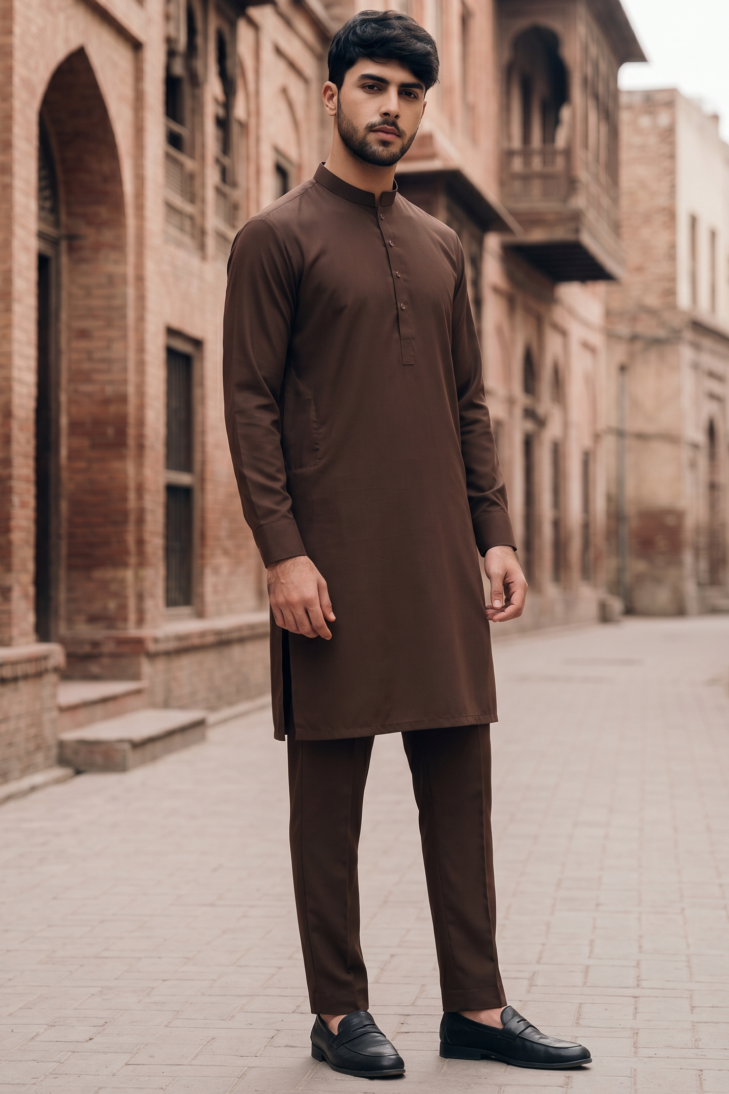 Stitched All Season Kurta Trouser with Ban-Chocolate Brown