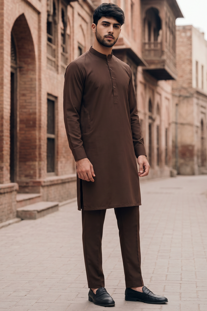 Stitched All Season Kurta Trouser with Ban-Chocolate Brown