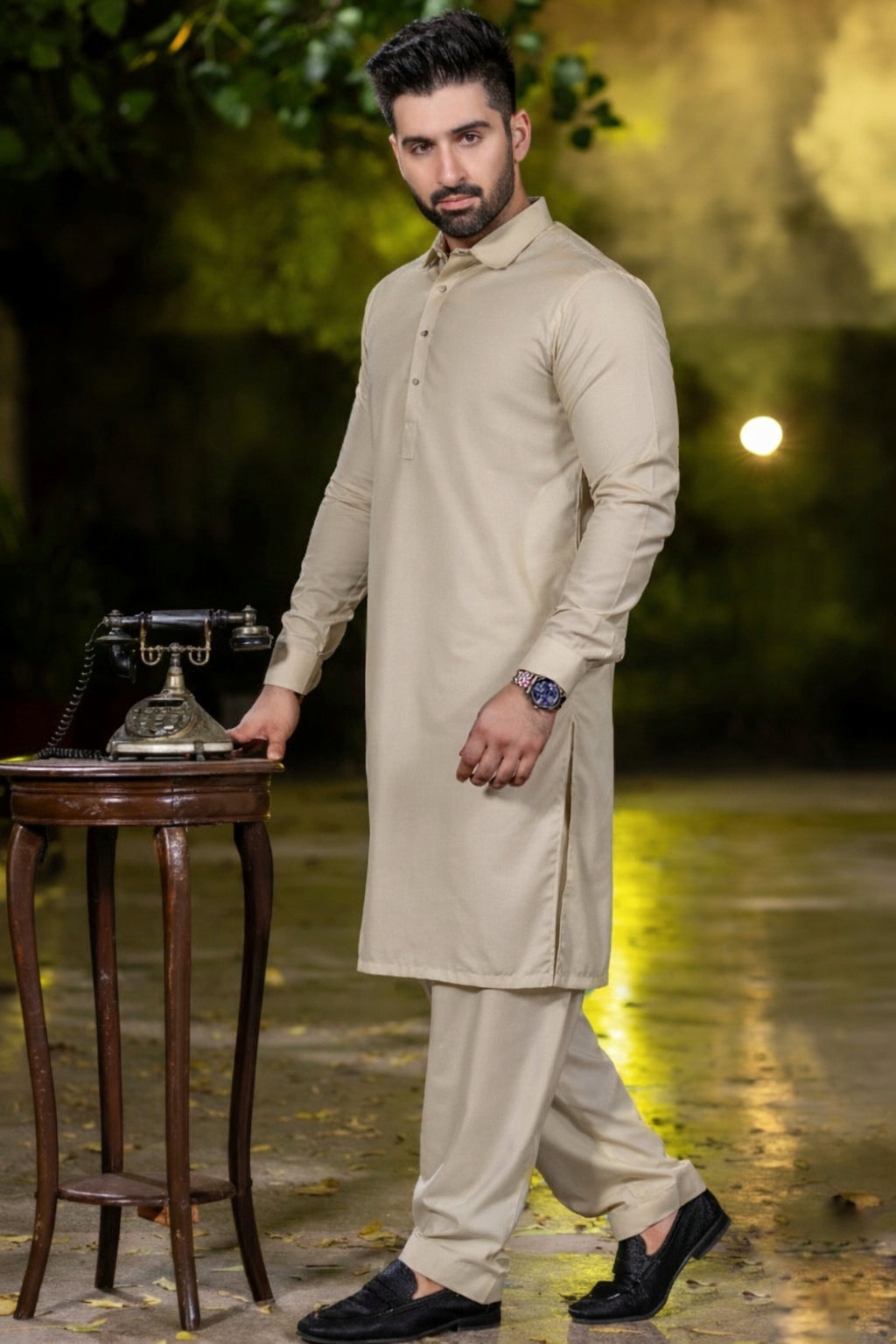 Diamond collar Shalwar Kameez-Rich cream
