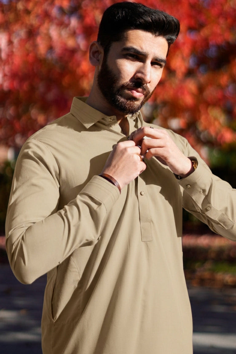 Matching ankar stitch patti fancy Collar Shalwar Kameez -khaki