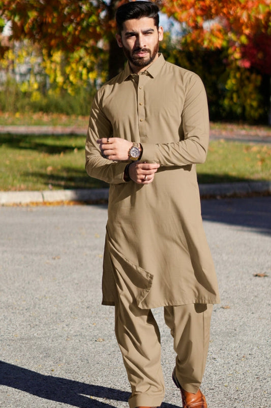 Matching ankar stitch patti fancy Collar Shalwar Kameez -khaki