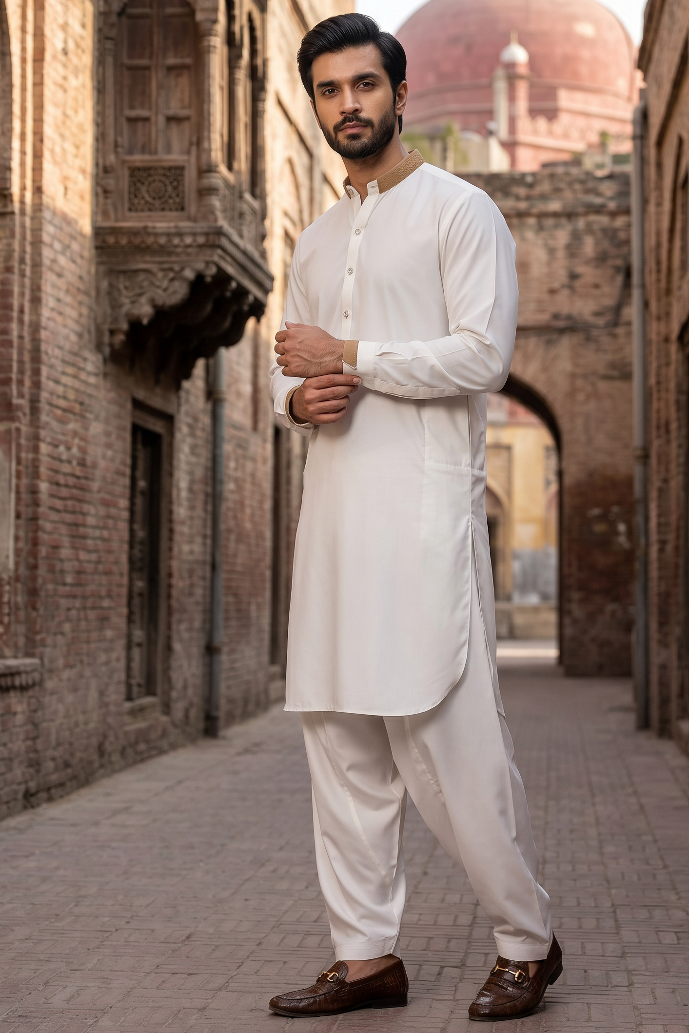 Stitched Jacquard ban Suit with Shalwar -Egg white