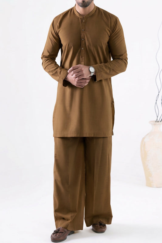 Stitched Nawabi Kameez with Farshi Shalwar -Camel