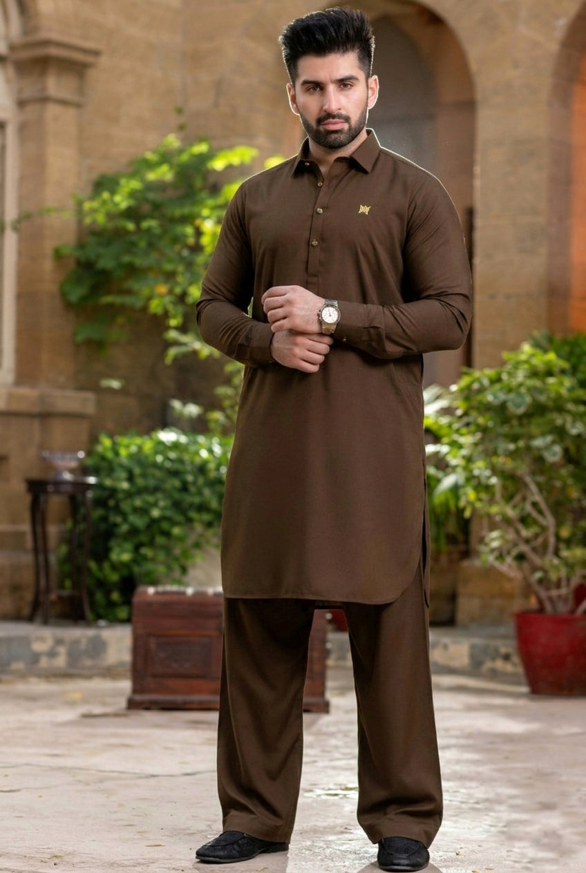 Stitched gol gehra Kurta with Farshi shalwar-Chocolate Brown