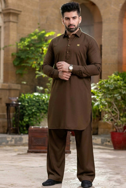 Stitched gol gehra Kurta with Farshi shalwar-Chocolate Brown