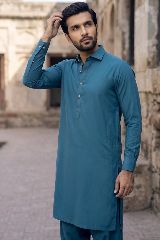 Stitched Suit with wide side French Collar Shalwar Kameez - Cyan green