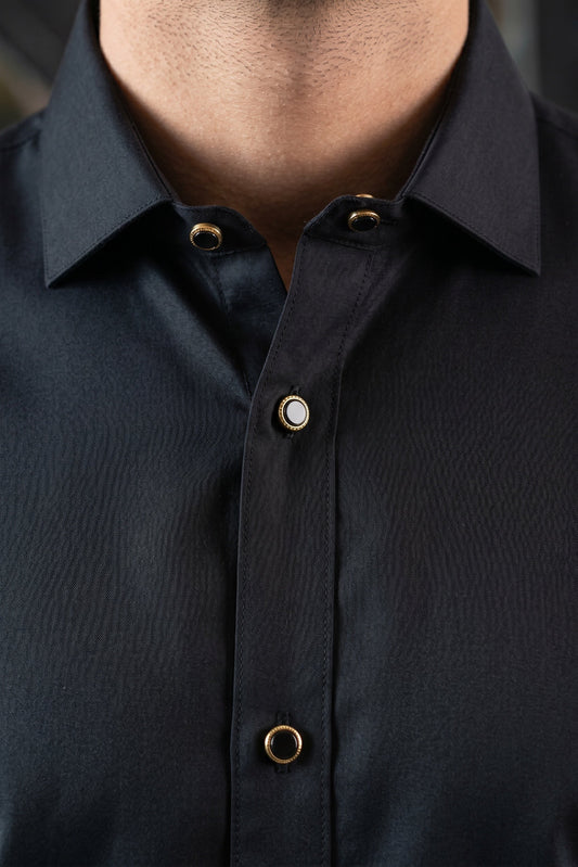 Stitched Cutway collar with golden outline Shalwar Kameez   - Black