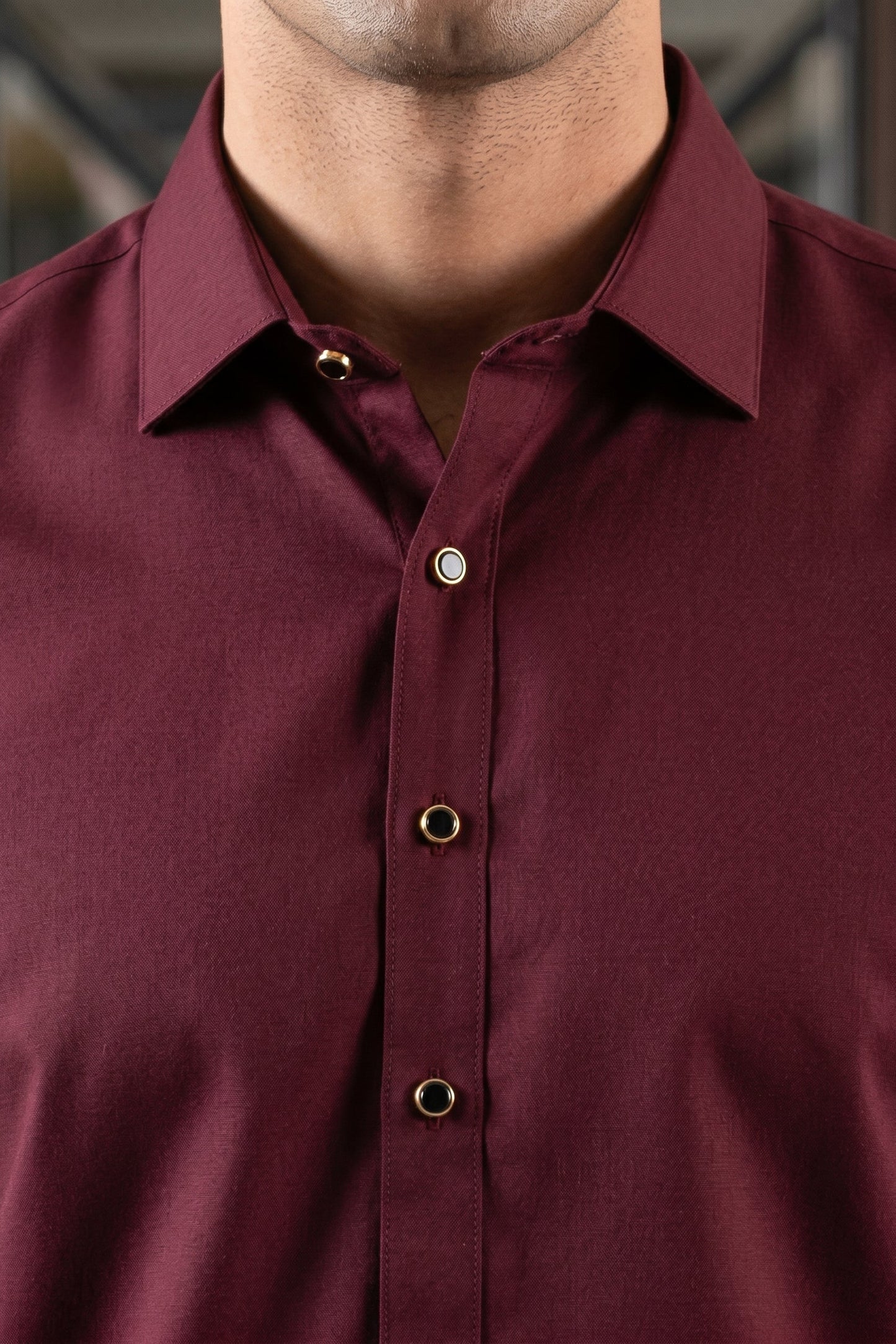 Stitched Cutway collar with golden outline Shalwar Kameez-Dark Burgundy
