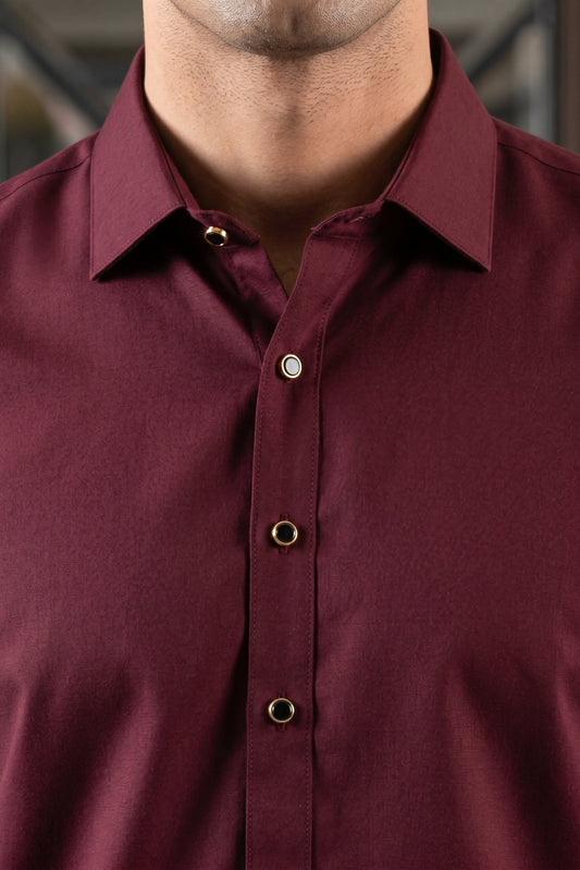 Stitched Cutway collar with golden outline Shalwar Kameez-Dark Burgundy
