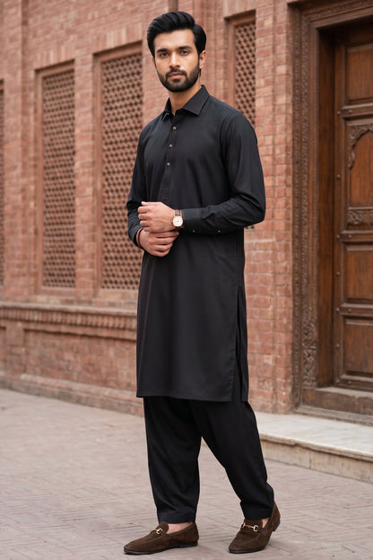 Stitched Cutway collar with golden outline Shalwar Kameez   - Black