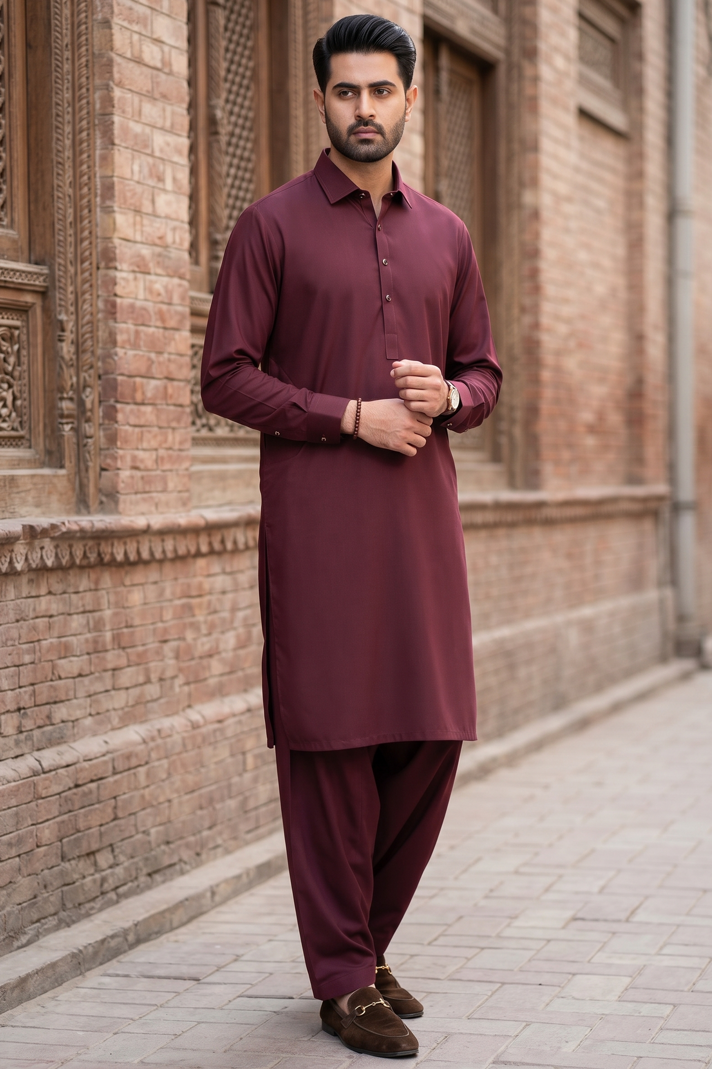 Stitched Cutway collar with golden outline Shalwar Kameez-Dark Burgundy