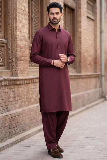 Stitched Cutway collar with golden outline Shalwar Kameez-Dark Burgundy