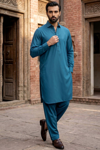 Stitched Suit with wide side French Collar Shalwar Kameez - Cyan green
