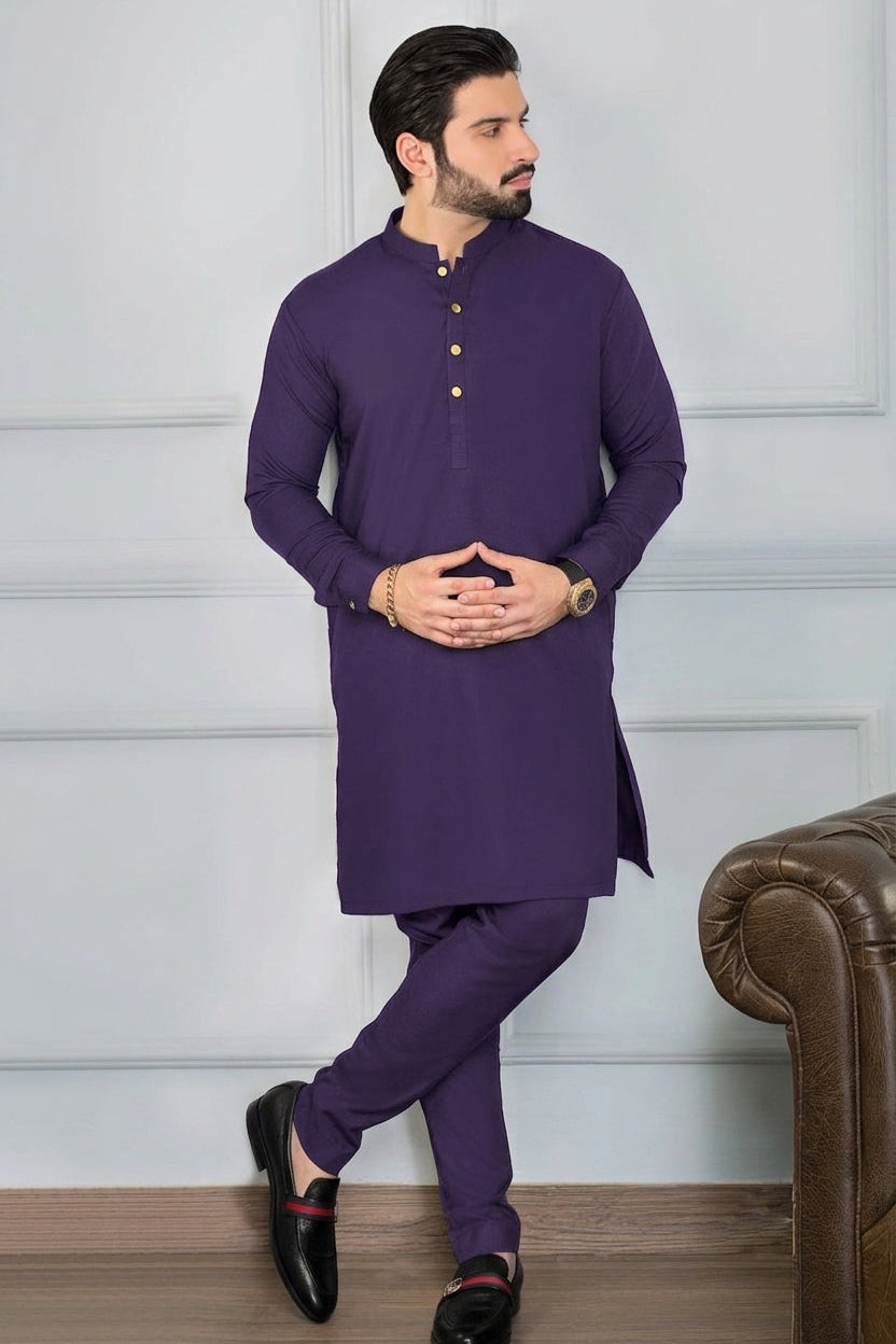 Festive Collection Stitched All Season Blended Kurta Trouser with  Ban Suit - Purple