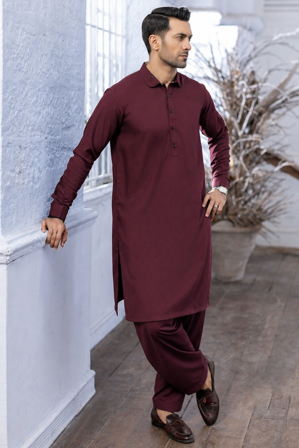Classic Round Collar Shalwar Kameez - Burgundy