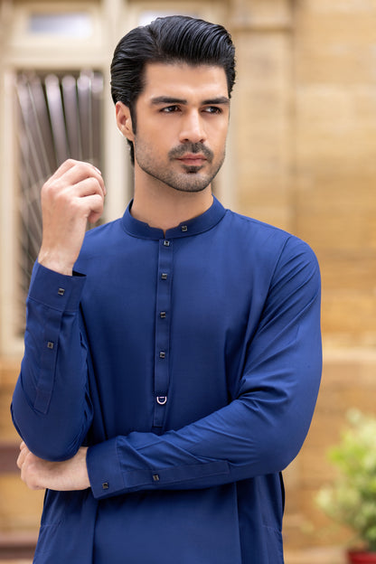 Small square button with fashion ring in patti Shalwar Kameez-Navy