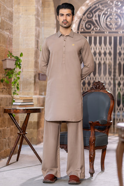 Ivory-cream gol gehra collar kurta with golden button, 1.5cm logo & farshi shalwar Collar