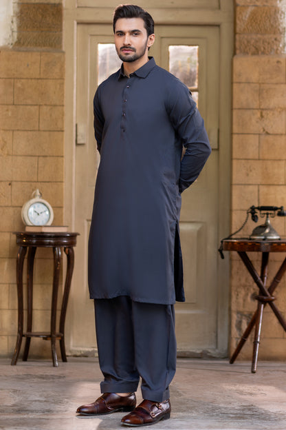 French cut collar Shalwar Kameez-Charcoal