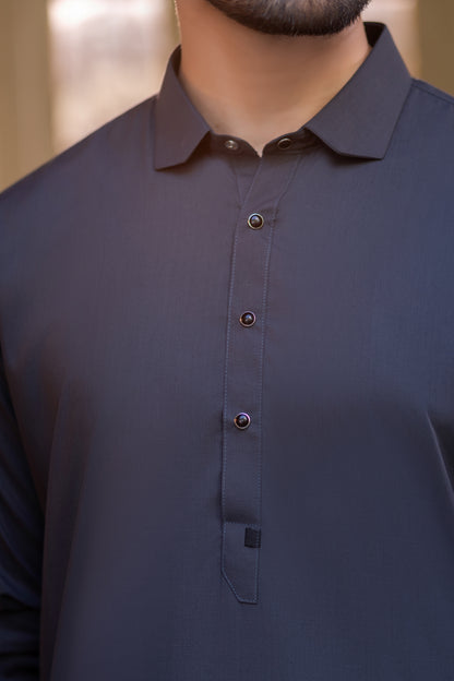 French cut collar Shalwar Kameez-Charcoal