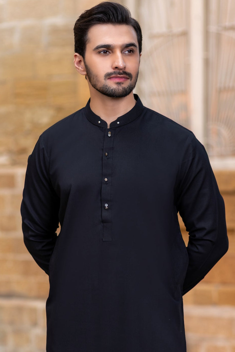 Double silver shine small button Kurta Trouser -Black