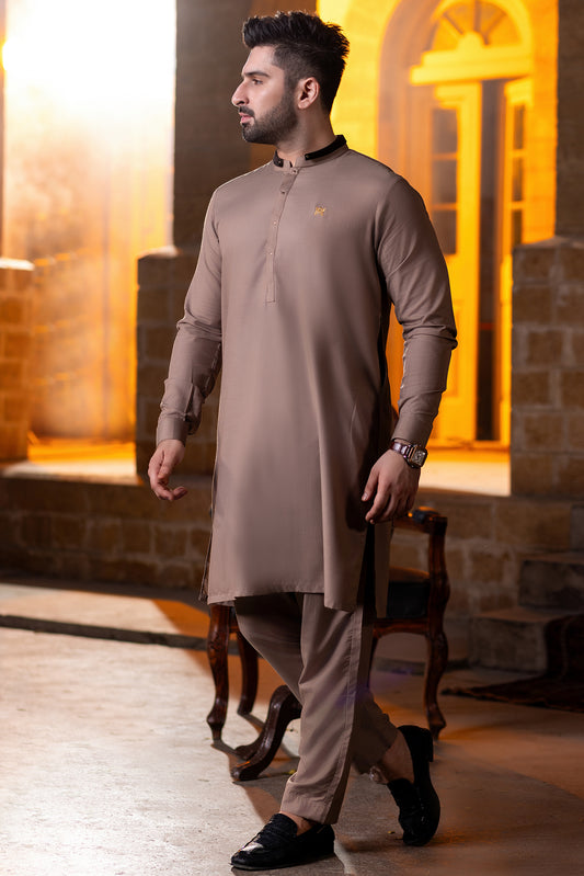 Velvet double ban & golden logo Kurta Trouser -Ash grey