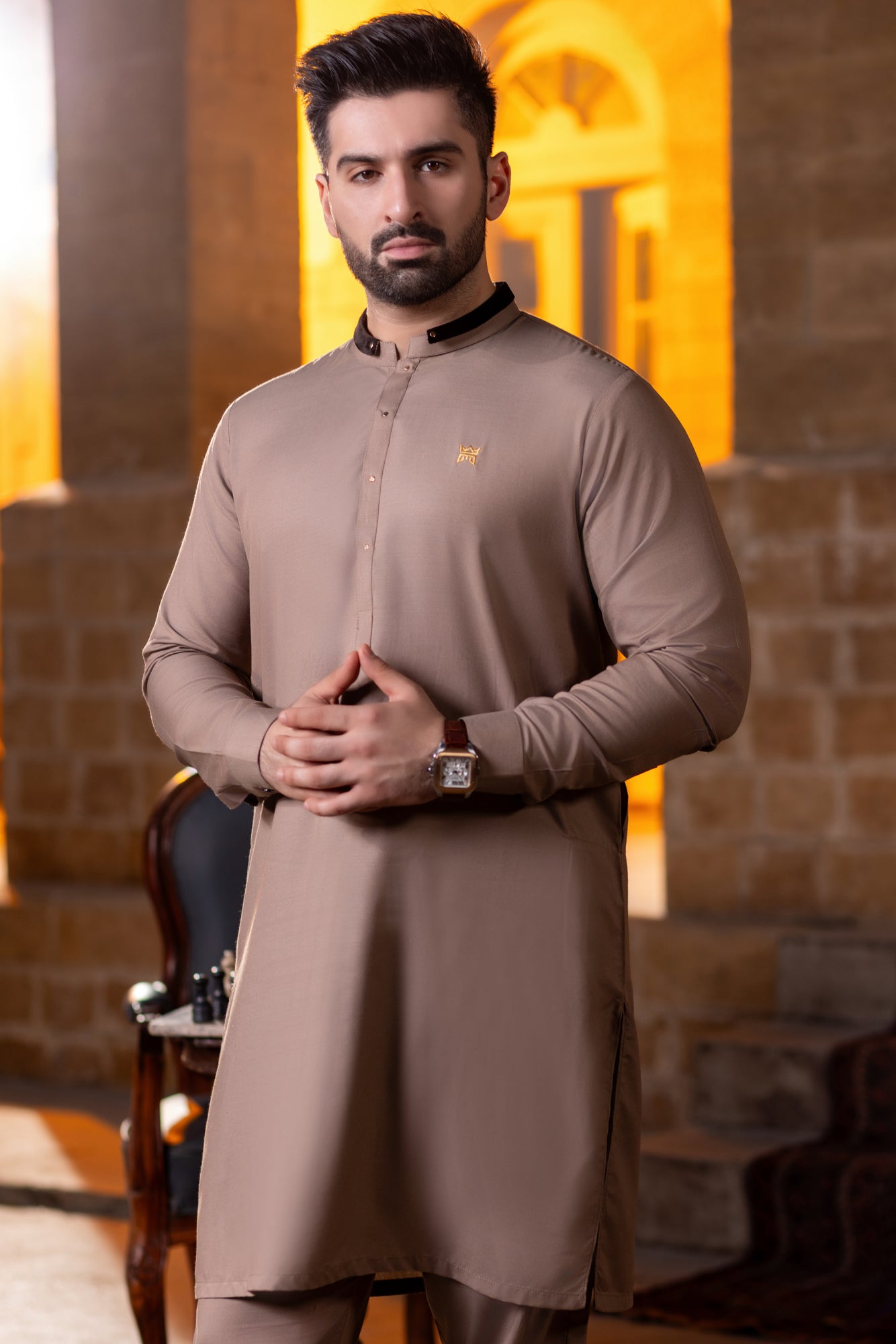 Velvet double ban & golden logo Kurta Trouser -Ash grey