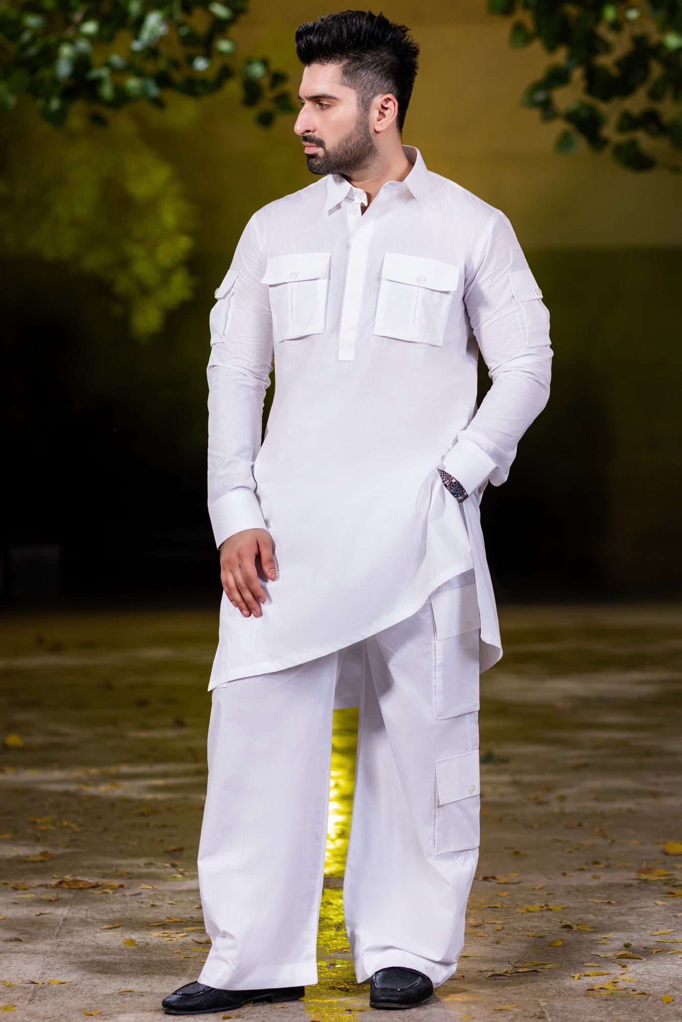 Stitched Nawabi Cargo Cotton Latha Suit - Egg White
