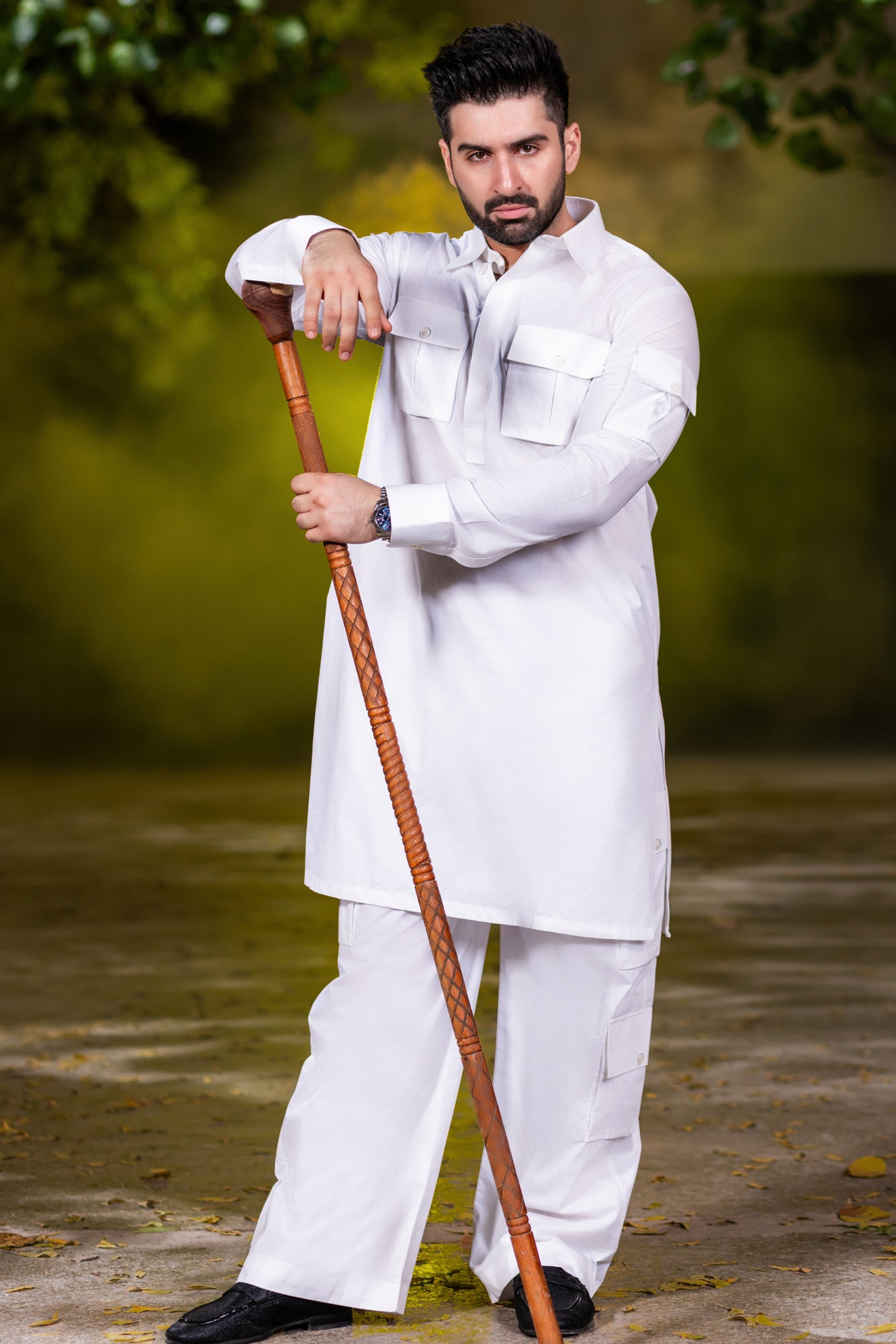 Stitched Nawabi Cargo Cotton Latha Suit - Egg White