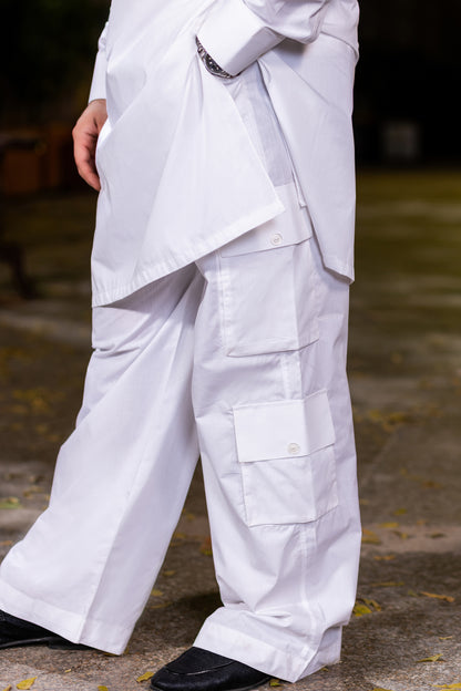 Stitched Nawabi Cargo Cotton Latha Suit - Egg White