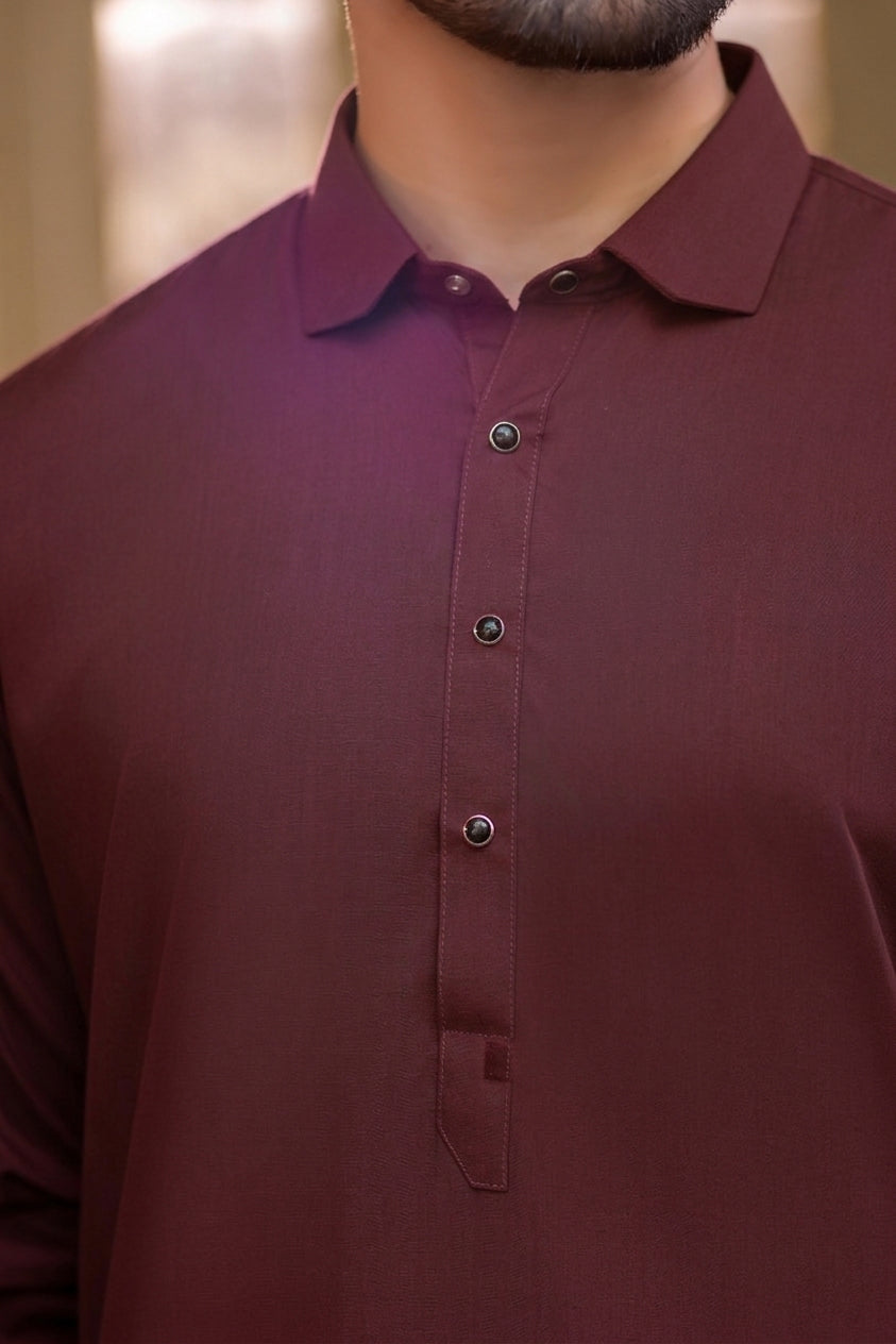 French cut collar Shalwar Kameez- Wine