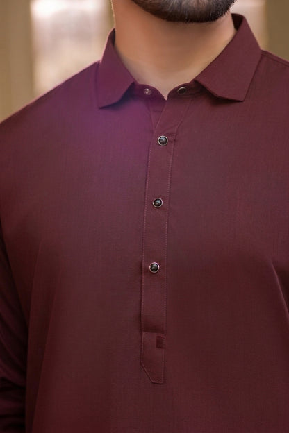 French cut collar Shalwar Kameez- Wine
