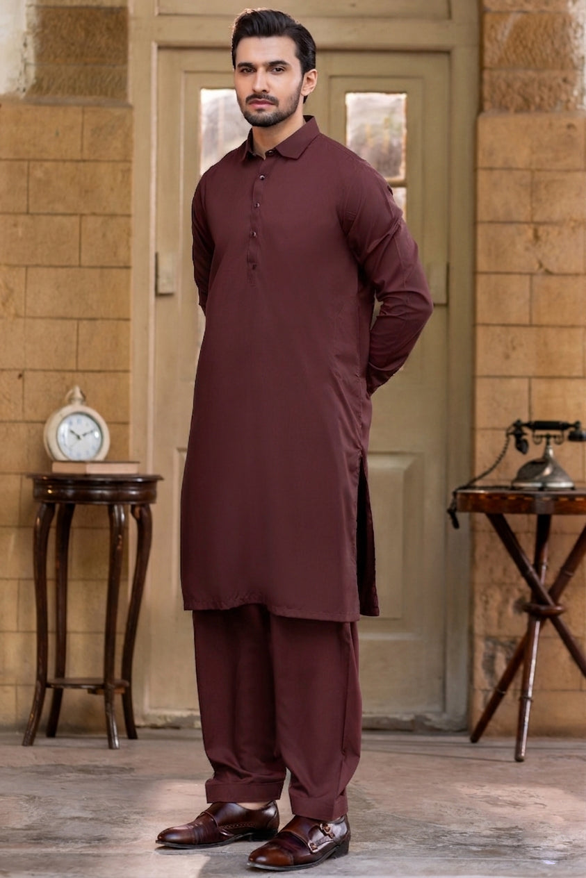 French cut collar Shalwar Kameez- Wine