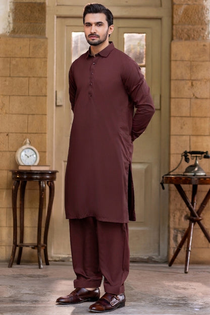 French cut collar Shalwar Kameez- Wine