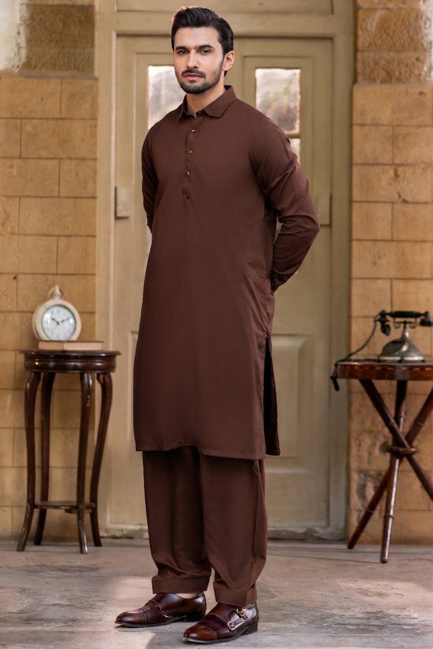 French cut collar Shalwar Kameez- Rust