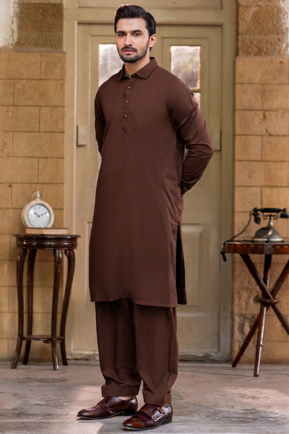 French cut collar Shalwar Kameez- Rust
