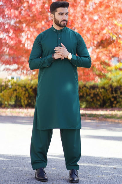 Sea-green double ban golden ball kameez with black square button