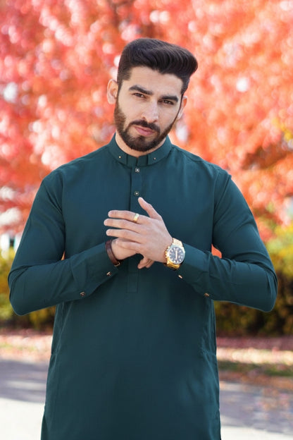 Sea-green double ban golden ball kameez with black square button