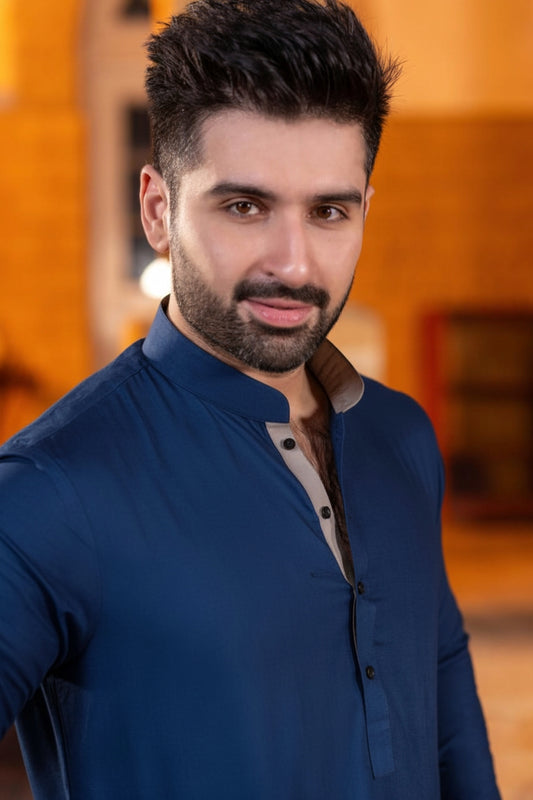 Navy standing long heighted ban kameez with matching button