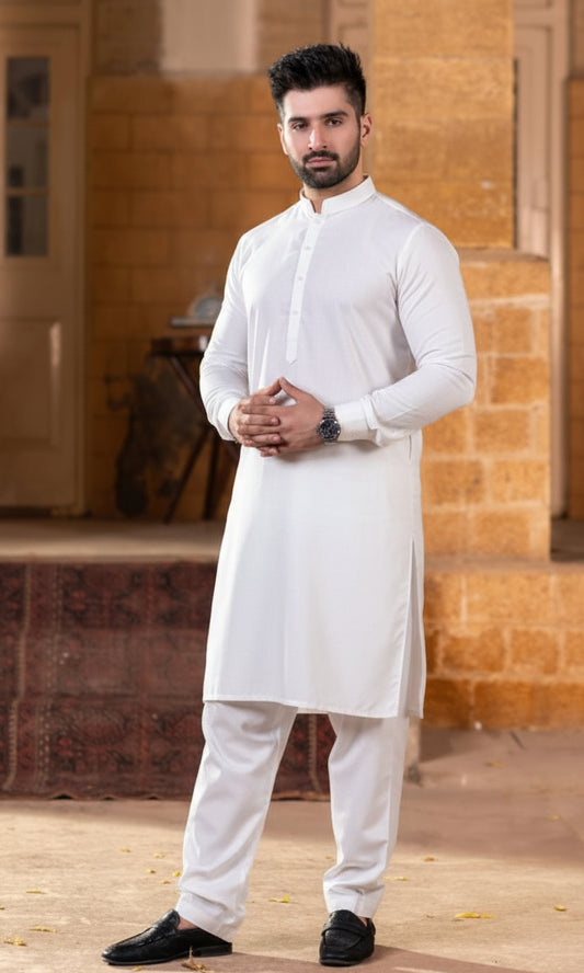 Egg white standing long heighted ban kameez with matching button