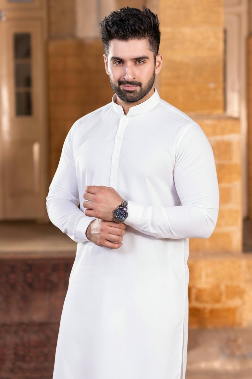 Long Ban Shalwar Kameez - Egg White