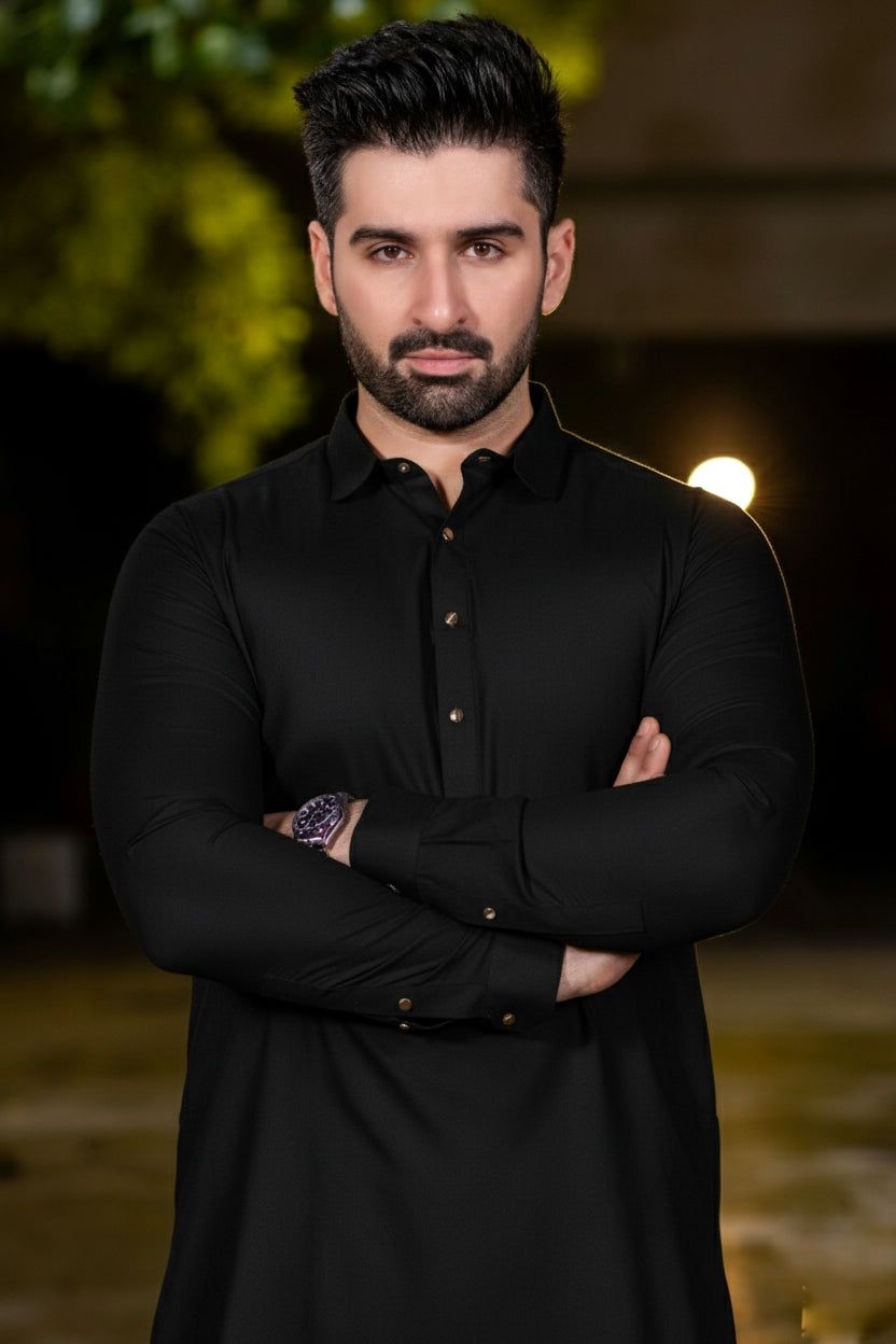 Spanish cut collar Shalwar Kameez-Black