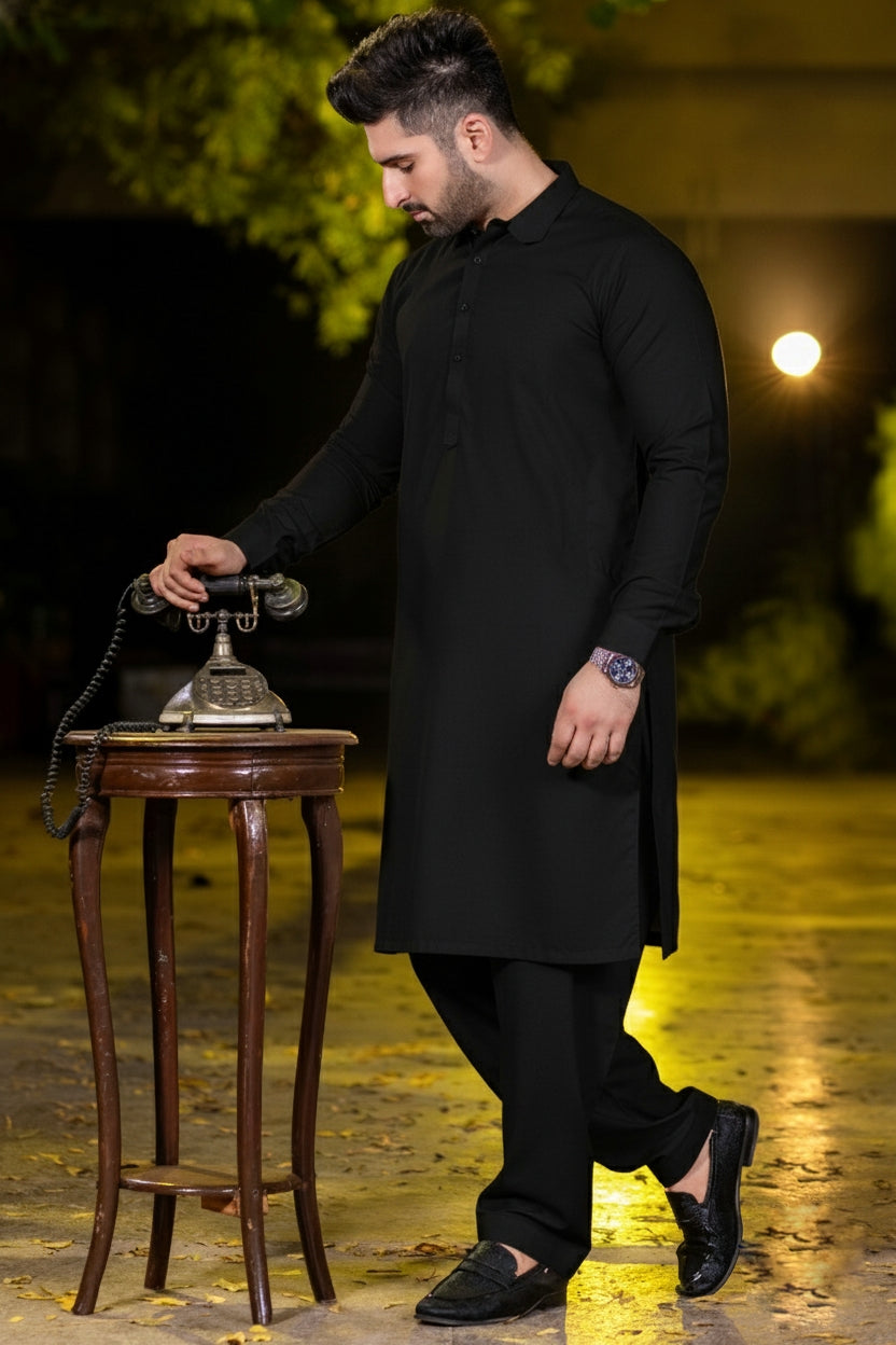 Spanish cut collar Shalwar Kameez-Black