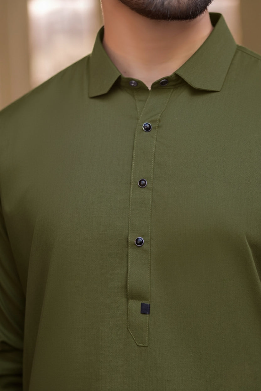 Spanish cut collar Shalwar Kameez-Olive