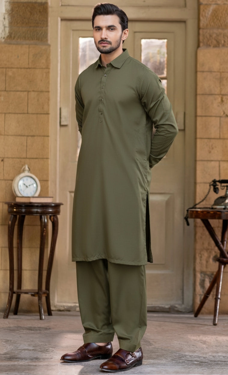 Spanish cut collar Shalwar Kameez-Olive