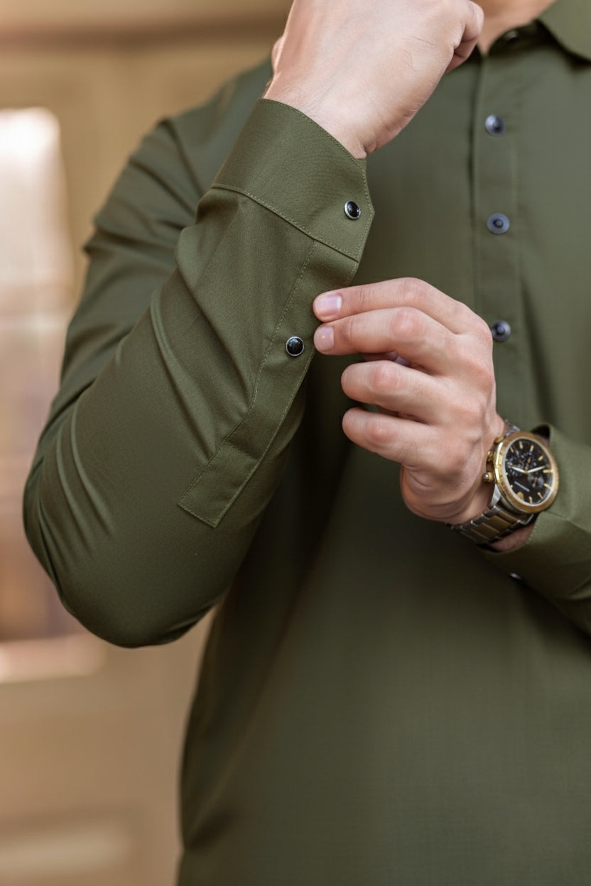 Spanish cut collar Shalwar Kameez-Olive