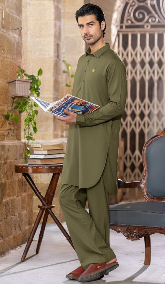Olive gol gehra collar kurta with golden button, 1.5cm logo & farshi shalwar Collar